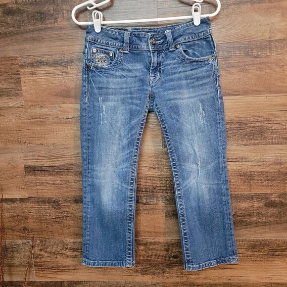 Miss Me Jeans 27 Low Rise Capri Button Flap Ripped Embellished Fray Western - Picture 2 of 11